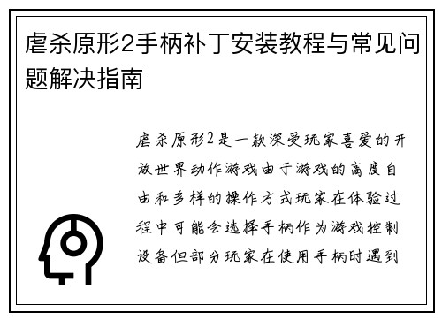 虐杀原形2手柄补丁安装教程与常见问题解决指南